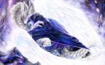  2018 blue_feathers claws detailed_background digital_media_(artwork) dragon duo eyes_closed feathered_dragon feathers fur furred_dragon hair horn isvoc purple_hair smile white_feathers white_fur 