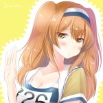  artist_name blush breasts brown_eyes brown_hair closed_mouth commentary_request eyebrows_visible_through_hair hair_between_eyes hairband highres i-26_(kantai_collection) kantai_collection large_breasts long_hair mero_oon school_swimsuit solo swimsuit two_side_up 