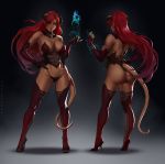  artist_name ass audelia back breasts bustier cleavage crotch_plate dandon_fuga demon_girl demon_horns detached_collar ears_visible_through_hair elbow_gloves gloves high_heels horns jewelry lips long_hair looking_at_viewer magic mole multiple_views original red_hair revealing_clothes shiny shiny_skin standing succubus tail thighhighs very_long_hair 
