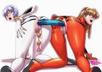  absurdres all_fours anal anal_beads anal_fluid anal_object_insertion anus ass ass-to-ass ayanami_rei backlighting bangs blue_eyes blue_hair blush bodysuit bracer brown_hair clitoris crotchless_clothes dildo double_dildo double_penetration fat_mons from_behind full_body gloves hair_between_eyes hand_on_own_ass headgear highres kneepits labia long_hair looking_at_viewer looking_back lube moaning multiple_girls neon_genesis_evangelion object_insertion open_mouth paint_splatter parted_bangs pilot_suit pink_eyes plugsuit pussy red_bodysuit shadow shiny shiny_clothes short_hair side-by-side simple_background skin_tight source_request souryuu_asuka_langley tekuho_no_habo thighs third-party_source turtleneck two_side_up uncensored upper_teeth vaginal vaginal_object_insertion watermark web_address white_background white_bodysuit yuri 