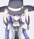  absurdres black_hat blue_eyes blue_hair braid grey_background hair_between_eyes hands_on_headwear hat hat_ribbon highres long_hair looking_at_viewer mushoku_tensei ribbon roxy_migurdia simple_background solo sugar_(dndi888) twin_braids twintails upper_body very_long_hair white_neckwear white_ribbon witch_hat 