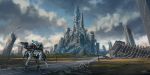  building city cloud commentary gun highres intersection karamas lamppost mecha no_humans original outdoors realistic road ruins scenery science_fiction signature sky sword weapon 
