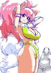  1girl animal_ears bare_legs bare_shoulders breasts cat_ears cat_girl cleavage cleavage_cutout curvy female happy heart_cutout highleg highleg_leotard highres large_breasts leotard looking_at_viewer partially_visible_vulva paw_print perisie_(star_ocean) pink_hair ponytail ryoi shiny shiny_skin simple_background smile solo standing star_ocean star_ocean_first_departure tail thick_thighs thighhighs thighs thong_leotard v very_long_hair 