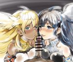  2girls ahoge armlet bangs bar_censor bare_shoulders black_leotard blonde_hair blue_eyes blush breasts brown_hair censored collarbone commentary_request curly_hair dark_skin erection eyebrows_visible_through_hair feathered_wings granblue_fantasy hair_between_eyes halterneck harut_(granblue_fantasy) head_wings hetero imminent_fellatio large_breasts leotard long_hair looking_at_viewer marut_(granblue_fantasy) monchan_rev3 multiple_girls penis pubic_hair puckered_lips smile tongue tongue_out very_long_hair white_leotard wings 