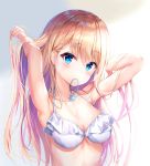  alternate_costume alternate_hairstyle arm_behind_head armpits bangs bikini blonde_hair blue_eyes blush breasts cleavage closed_mouth collarbone commentary dana_(hapong07) eyebrows_visible_through_hair frilled_bikini frills girls_frontline gradient gradient_background hair_between_eyes hair_ornament hair_tie_in_mouth hands_in_hair highres light_smile long_hair looking_at_viewer medium_breasts mouth_hold shiny shiny_skin simple_background skindentation snowflake_hair_ornament solo sparkle suomi_kp31_(girls_frontline) swimsuit upper_body 