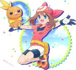  :d bandana bangs bike_shorts black_legwear blue_eyes blue_sky breasts brown_hair cloud eyebrows_visible_through_hair fanny_pack full_body gen_3_pokemon gloves hair_between_eyes haruka_(pokemon) medium_hair miniskirt okonomi open_mouth outline outstretched_arms pokemon pokemon_(creature) pokemon_(game) pokemon_rse red_footwear red_shirt shirt short_sleeves shorts shorts_under_skirt silhouette skirt sky small_breasts smile socks torchic twitter_username white_skirt 