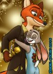  2017 4_fingers anthro award black_nose brown_fur canine claws clothing disney dress duo female fox fur golden_globe_award green_eyes grey_fur hawaiian_shirt hi_res holding_object hug jacket judy_hopps kendall_collins lagomorph male mammal necktie nick_wilde open_mouth open_smile orange_fur pink_nose rabbit shirt smile suit tears tongue trophy zootopia 