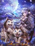  2018 :d animal bangs black_dress black_gloves black_hat blue_eyes building cloud dog dress full_moon fur-trimmed_sleeves fur_trim gloves hair_between_eyes hat holding holding_wand husky juliet_sleeves long_hair long_sleeves moon night night_sky open_mouth original outdoors puffy_sleeves purple_hair ribbon sky sleigh smile snow snowing star_(sky) straight_hair sui_(petit_comet) wand white_ribbon 