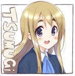  blazer blonde_hair blue_eyes blue_jacket blue_ribbon character_name eyebrows jacket k-on! kotobuki_tsumugi long_hair looking_at_viewer masamuuu neck_ribbon open_mouth ribbon round_teeth sakuragaoka_high_school_uniform school_uniform simple_background smile solo teeth upper_body white_background 