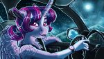  2018 5_fingers absurd_res alternate_hairstyle anthro bust_portrait car chest_tuft cute driving earthsong9405 equine eyebrows eyelashes feathered_wings feathers female floppy_ears friendship_is_magic fur hair hi_res horn inside_car looking_at_viewer mammal moon multicolored_hair my_little_pony night open_mouth open_smile portrait purple_eyes purple_feathers sky smile solo star starry_sky tuft twilight_sparkle_(mlp) vehicle watch winged_unicorn wings 