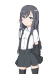  arm_warmers arms_behind_back asashio_(kantai_collection) bangs black_gloves black_hair black_legwear black_skirt blue_eyes cowboy_shot dress_shirt elbow_gloves eyebrows_visible_through_hair gloves hair_between_eyes kantai_collection long_hair looking_at_viewer miniskirt pleated_skirt riruhasu_(sesu_n) school_uniform shiny shiny_hair shirt short_sleeves simple_background skirt smile solo standing suspender_skirt suspenders swept_bangs thighhighs very_long_hair white_background white_shirt zettai_ryouiki 