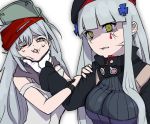  anger_vein bangs beret biting blunt_bangs breasts brown_eyes closed_mouth commentary_request face_hold facial_mark g11_(girls_frontline) girls_frontline gloves green_eyes hair_between_eyes hair_ornament hands_on_another's_arm hat hk416_(girls_frontline) holding lip_biting long_hair looking_at_viewer medium_breasts multiple_girls one_eye_closed open_mouth parted_lips scarf sd_bigpie shaded_face shirt shoulder_cutout silver_hair sweat teardrop tearing_up very_long_hair 
