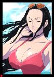  1girl black_gloves breasts cleavage cleavage_cutout dress eyes_closed full_body gloves hand_on_hip high_heels huge_breasts large_breasts long_hair nico_robin one_piece sleeveless sleeveless_dress sunglasses sunglasses_on_head 