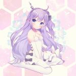  azur_lane breasts cleavage commentary_request dress elbow_gloves gloves hair_bun long_hair pantyhose purple_eyes purple_hair side_ponytail sitting small_breasts solo stuffed_alicorn stuffed_toy tsunoshima_kujira unicorn_(azur_lane) very_long_hair white_dress white_gloves white_legwear 