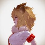  animal_ear_fluff animal_ears blonde_hair commentary_request eyebrows_visible_through_hair fang from_side fur_collar highres kemono_friends lion_(kemono_friends) lion_ears necktie plaid_trim profile realistic short_hair short_sleeves solo takami_masahiro upper_body yellow_eyes 