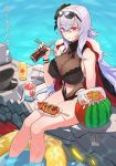  :t azur_lane ball bangs bare_legs bare_shoulders beachball bottle breasts cape chopsticks commentary_request covered_nipples crossed_bangs eating eyebrows_visible_through_hair eyewear_on_head food food_on_face fur-trimmed_cape fur_trim graf_zeppelin_(azur_lane) hair_between_eyes hair_ornament hat hat_removed headwear_removed highres ikayaki innertube large_breasts long_hair looking_at_viewer lotion navel peaked_cap red_eyes shaved_ice silver_hair sitting soaking_feet solo sunglasses sunscreen supurai translation_request very_long_hair water watermelon_beachball 