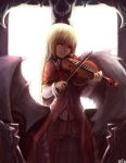  absurdres ass_wings backlighting bangs blonde_hair blunt_bangs cowboy_shot demon_wings dress fang feathered_wings highres holding holding_instrument instrument kibellin long_dress long_hair looking_at_viewer music original parted_lips playing_instrument red_dress red_eyes solo standing violin white_wings wings 