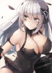  arm_strap armpits bangs barcode bare_shoulders black_gloves black_leotard blunt_bangs blurry blush bow breasts cleavage cleavage_cutout closed_mouth commentary depth_of_field eyebrows eyebrows_visible_through_hair eyes_visible_through_hair facial_tattoo feathers gager_(girls_frontline) girls_frontline gloves green_eyes gun hair_bow hair_ornament head_tilt headgear headphones highres holding holding_gun holding_weapon knife large_breasts leaning_forward leotard long_hair looking_at_viewer looking_away motokonut ornament sangvis_ferri sidelocks solo tattoo upper_body weapon white_hair 