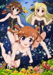  :d adapted_costume black_swimsuit blonde_hair blue_eyes blush breasts brown_hair bubble clownfish collarbone competition_swimsuit coral eyebrows_visible_through_hair fate_testarossa fish hair_ornament hands_up highres looking_at_viewer lyrical_nanoha mahou_shoujo_lyrical_nanoha multiple_girls one-piece_swimsuit open_mouth print_swimsuit red_eyes small_breasts smile strap_slip swimsuit takamachi_nanoha tentenkorori thigh_gap underwater x_hair_ornament yagami_hayate 