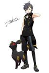  black_gloves black_hair black_hoodie black_legwear brown_eyes closed_mouth gen_2_pokemon gloves hood hoodie leggings legwear_under_shorts looking_at_viewer male_focus official_art pako pokemon pokemon_(creature) project_eevee shorts signature sleeveless sleeveless_hoodie umbreon 