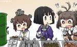  3girls :d ahoge black_eyes black_hair blue_sailor_collar brown_eyes brown_hair commentary_request dated double_bun gloves haguro_(kantai_collection) hair_ornament hamu_koutarou highres jacket juliet_sleeves kantai_collection long_sleeves multiple_girls naka_(kantai_collection) open_mouth puffy_sleeves purple_jacket sailor_collar school_uniform serafuku shaded_face short_hair short_sleeves smile white_gloves white_sailor_collar yellow_neckwear yukikaze_(kantai_collection) 