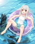  1girl :d absurdres barefoot berserker blush commentary covered_navel eyebrows_visible_through_hair eyes_visible_through_hair fate/kaleid_liner_prisma_illya fate_(series) feet full_body highres illyasviel_von_einzbern innertube long_hair looking_at_viewer one-piece_swimsuit open_mouth print_innertube purple_innertube red_eyes sarfata school_swimsuit smile solo_focus star star_print swimsuit underwater water water_drop wet white_hair white_school_swimsuit white_swimsuit 