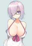  arms_behind_back bare_shoulders blue_background blush breasts cleavage collarbone eyes_visible_through_hair fate/grand_order fate_(series) glasses hair_over_one_eye large_breasts looking_at_viewer mash_kyrielight miya_ur purple_eyes purple_hair short_hair simple_background smile solo swimsuit swimsuit_of_perpetual_summer white_swimsuit 