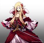  blonde_hair blue_eyes bow breasts brown_gloves cleavage cross-laced_clothes detached_sleeves dress flower gloves gold_trim gradient gradient_background grey_background hair_flower hair_ornament holding holding_sword holding_weapon jewelry long_hair medium_breasts official_art pointy_ears red_bow red_dress seikon_no_el_dorado standing sword vixi_c watermark weapon web_address 