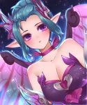  1girl alternate_costume atobesakunolove bare_shoulders blue_hair blush breasts choker cleavage collarbone dress dutch_angle elbow_gloves elf fairy fairy_wings gloves hair_bun hair_ornament highres looking_at_viewer mechanical_wings medium_breasts mercy_(overwatch) overwatch parted_lips pointy_ears purple_dress purple_eyes purple_gloves purple_ribbon ribbon ribbon_choker short_hair simple_background sleeveless sleeveless_dress solo sparkle sugar_plum_fairy_mercy twitter_username upper_body white_background wings 