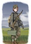  absurdres backpack bag bolt_action brown_hair camouflage commentary english_commentary explosive germany gloves grass green_eyes grenade gun hat headwear_removed helmet helmet_removed highres looking_at_viewer mauser_98 military military_hat military_uniform millimeter original outdoors rifle short_hair solo ss_insignia stahlhelm stielhandgranate uniform weapon world_war_ii 