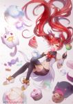  alternate_costume asymmetrical_gloves cake candy chiroyo cupcake elbow_gloves food gloves hair_ornament jinx_(league_of_legends) league_of_legends long_hair looking_at_viewer magical_girl navel red_eyes red_hair shorts solo star_guardian_jinx thighhighs twintails watermark 