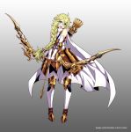  :d armor arrow blonde_hair blue_eyes bow_(weapon) braid cape commentary_request copyright_request elbow_pads freckles full_body gradient gradient_background grey_background holding holding_weapon long_hair official_art open_mouth quiver smile vixi_c watermark weapon web_address white_cape white_legwear 