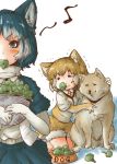  &gt;_&lt; animal_ears blue_eyes bowl broccoli collared_shirt commentary dog dog_(kemono_friends) dog_ears dog_tail eating elbow_gloves eyebrows_visible_through_hair fur_collar gloves harness highres jacket kemono_friends kneeling multiple_girls musical_note necktie pet_bowl pleated_skirt scarf shirt short_sleeves shorts siberian_husky_(kemono_friends) skirt tail tears tikano trembling vest 