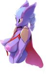  2016 anthro armor big_breasts black_nose blue_fur blue_hair blush breasts canine cape cleavage clothed clothing digital_media_(artwork) erect_nipples fan_character female fur hair mammal musikalgenius nipples partially_cloathed ponytail shoulder_pads side_boob side_view simple_background solo topless 
