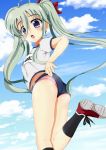  :o adjusting_buruma adjusting_clothes ass black_legwear blue_buruma blue_eyes blue_sky blush breasts buruma cloud commentary_request day einhart_stratos eyebrows_visible_through_hair green_hair gym_uniform hair_between_eyes hair_ornament hair_ribbon heterochromia highres kneehighs kneepits lyrical_nanoha mahou_shoujo_lyrical_nanoha mahou_shoujo_lyrical_nanoha_vivid medium_breasts name_tag open_mouth outdoors panties panties_under_buruma pink_panties purple_eyes red_footwear red_ribbon ribbon shirt sky small_breasts solo tentenkorori twintails underwear white_shirt 