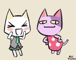  2012 ambiguous_gender animal_crossing animated anthro blush bob_(animal_crossing) cat clothed clothing cosplay dancing dress duo featureless_feet featureless_hands feline fur looking_at_viewer low_res mammal necktie nintendo purple_fur simple_background skirt smile toro_inoue unknown_artist video_games vocaloid watermark white_fur 