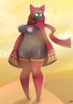  2018 areola black_body breasts clitoris clothed clothing desert digital_media_(artwork) female glossy hi_res hood humanoid inverted_nipples journey mammal mostly_nude nipples not_furry pussy scarf simple_background solo thick_thighs wide_hips zzvinniezz 