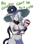  1girl aqua_eyes black_gloves breasts can't_be_this_cute censored cleavage commentary copyright crossed_arms dress english_commentary gloves grey_hair hair_over_one_eye hat highres ian_dimas_de_almeida identity_censor kantai_collection large_breasts lee_hsien_loong meme open_mouth ore_no_imouto_ga_konna_ni_kawaii_wake_ga_nai parody pout real_life scarf seaport_summer_hime singapore teeth title_parody 