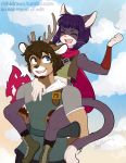  antlers armor bear belt boots bracers breasts caprice cat cervine clothed clothing couple_(disambiguation) cute duo eyes_closed facial_hair feline female footwear fully_clothed hair heterochromia horn male mammal mason_(skidd) rishi-chan scarf sesame_akane tunic uberquest vest whiskers 