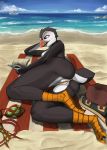 2018 anthro avian beach beak bird breasts butt casual_nudity clothing detailed_background digital_drawing_(artwork) digital_media_(artwork) discarded_clothing female fingerprint_(artist) lying nipples nude on_side outside pearl_(boolean) puffin pussy reading seaside sky solo swimsuit water 