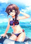  adapted_costume beach bikini blue_eyes blue_sky braid breasts brown_hair building city cloud cloudy_sky collarbone groin hair_between_eyes hair_flaps hair_ornament hair_over_shoulder innertube ittokyu kantai_collection light_blush navel ocean one_eye_closed open_mouth remodel_(kantai_collection) shigure_(kantai_collection) single_braid sky small_breasts smile solo swimsuit water 