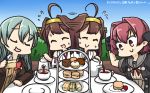  :d afterimage ahoge blue_hair blue_sky brown_hair cake closed_eyes colombia_pose commentary cup dated day dessert eating food gloves hamu_koutarou headgear highres kantai_collection kinu_(kantai_collection) kongou_(kantai_collection) long_hair multiple_girls neck_ribbon open_mouth pastry red_eyes red_hair remodel_(kantai_collection) ribbon sailor_collar serving short_hair sky smile suzuya_(kantai_collection) sweat table tea teacup tiered_tray 