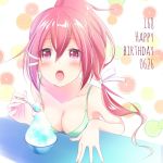  bikini blush breasts commentary_request eyebrows_visible_through_hair food green_bikini_top hair_between_eyes happy_birthday i-168_(kantai_collection) kantai_collection long_hair looking_at_viewer medium_breasts mero_oon open_mouth ponytail red_eyes red_hair shaved_ice solo spoon swimsuit 