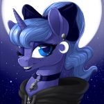  2017 adorkable aged_down alternate_hairstyle blue_eyes blue_hair braces bust_portrait choker clothed clothing cute ear_piercing equine eyelashes eyeshadow female feral freckles friendship_is_magic goth grin hair hair_bow hair_ribbon hoodie horn jewelry lipstick looking_at_viewer makeup mammal mascara moon my_little_pony night one_eye_closed outside piercing ponytail portrait princess_luna_(mlp) pusspuss ribbons sky smile solo star starry_sky teenager teeth wink young 