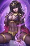  aroma_sensei black_hair book bracelet breasts bridal_gauntlets cape cleavage commentary covered_navel english_commentary fire_emblem fire_emblem:_kakusei grey_eyes hexagram highres jewelry looking_at_viewer magic nail_polish open_book parted_lips solo spread_legs tharja tiara toned 