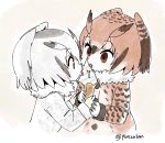  artist_name brown_coat brown_eyes brown_hair coat commentary eating eurasian_eagle_owl_(kemono_friends) eyebrows_visible_through_hair food fur_collar gloves grey_coat grey_hair hair_between_eyes hands_together head_wings holding holding_food ice_cream ice_cream_cone kemono_friends licking long_sleeves multicolored_hair multiple_girls northern_white-faced_owl_(kemono_friends) panzuban shared_food short_hair simple_background tongue tongue_out twitter_username upper_body white_background white_gloves white_hair 