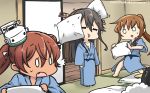  3girls :o alternate_costume bath_yukata black_hair brown_hair closed_eyes dated failure_penguin fang fumizuki_(kantai_collection) hair_ornament hamu_koutarou haruna_(kantai_collection) headgear highres indoors japanese_clothes kantai_collection kimono libeccio_(kantai_collection) long_hair miss_cloud multiple_girls o_o pillow pillow_fight ponytail remodel_(kantai_collection) tatami translated twintails yukata 