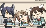  :3 :d blush bow bowl bowtie brown_eyes brown_hair check_commentary chopsticks closed_eyes commentary_request cup dated double_bun drinking_glass expressionless eyepatch fingerless_gloves food gloves hair_ribbon hamu_koutarou head_tilt highres holding holding_chopsticks kantai_collection michishio_(kantai_collection) multiple_girls open_mouth purple_hair remodel_(kantai_collection) ribbon short_hair shrimp shrimp_tempura single_glove smile steam suspenders tempura tenryuu_(kantai_collection) tone_(kantai_collection) tray twintails v-shaped_eyebrows white_ribbon yellow_eyes 