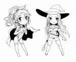  cape character_request chibi cleavage commentary_request detached_sleeves earrings elbow_gloves final_fantasy final_fantasy_vi gloves hair_ribbon jewelry kara_(color) long_hair monochrome multiple_girls ponytail ribbon thighhighs tina_branford 