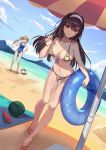  absurdres alternate_breast_size ball bangs beach beach_towel beach_umbrella beachball bikini black_hair blue_eyes blue_ribbon blue_swimsuit breasts cecilia_(oshigoto_boshuuchuu) covered_navel day dutch_angle eyebrows_visible_through_hair food front-tie_bikini front-tie_top fruit full_body hair_between_eyes hair_ribbon hairband hand_on_hip highres innertube kasumigaoka_utaha large_breasts leaning_forward lifted_by_self long_hair looking_at_viewer medium_breasts multiple_girls navel one-piece_swimsuit outdoors outstretched_arm red_eyes ribbon saenai_heroine_no_sodatekata sawamura_spencer_eriri side-tie_bikini sideboob sky slippers smile standing strap_lift suggestive_fluid swimsuit towel twintails umbrella very_long_hair watermelon wet white_hairband yellow_bikini 